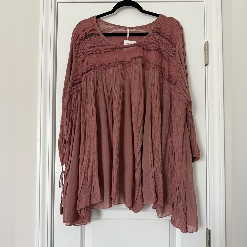Free People Rose Mauve Boho Lace Peasant Tunic